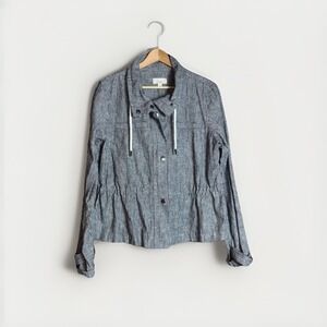 Loft Women's XS Utility Jacket Blue White Stripe Linen Blend Zip Snap Drawstring